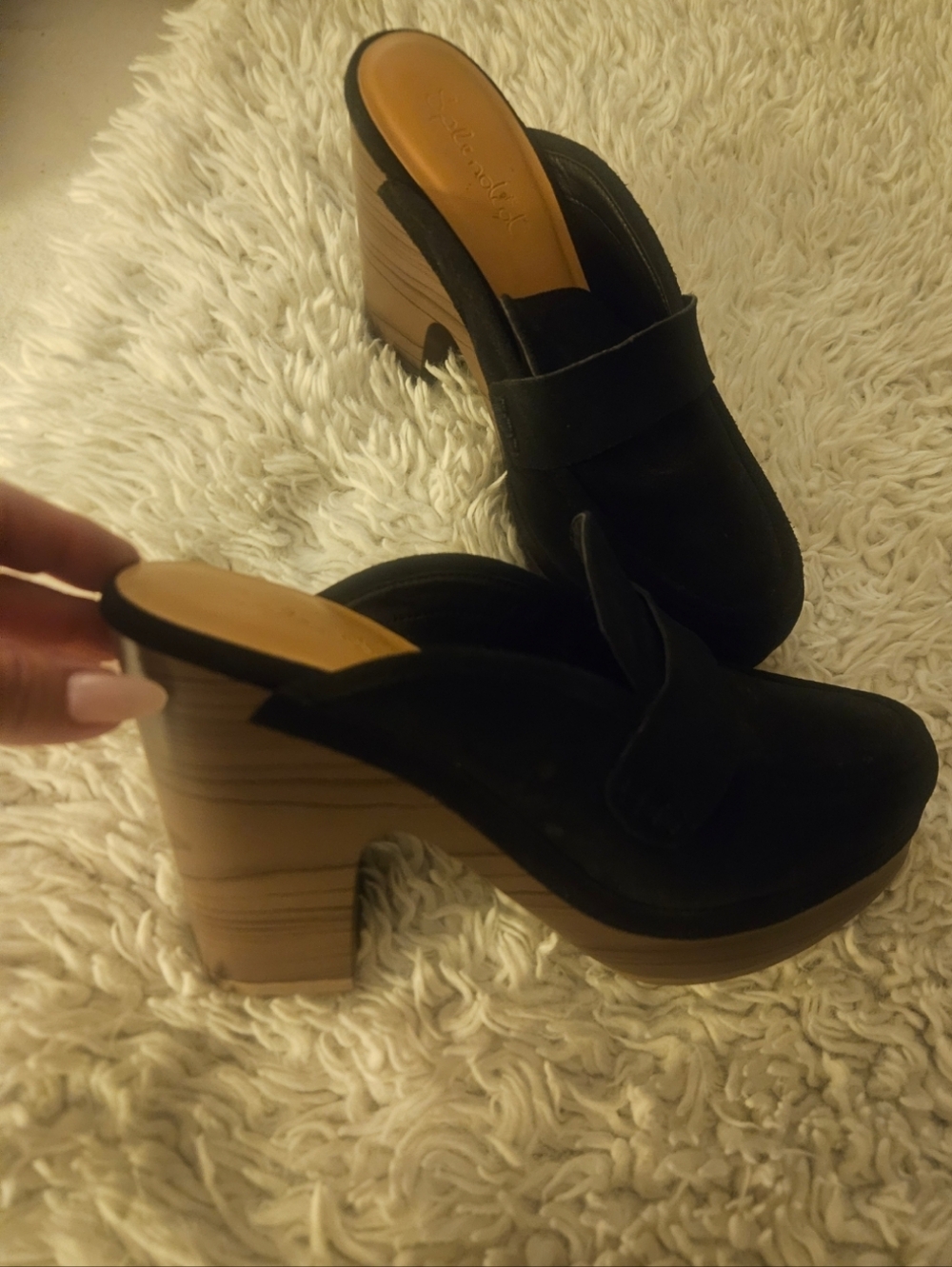 SPLENDID VINA Black Suede Loafer Platform Mule Clogs with Wood-Look Heel